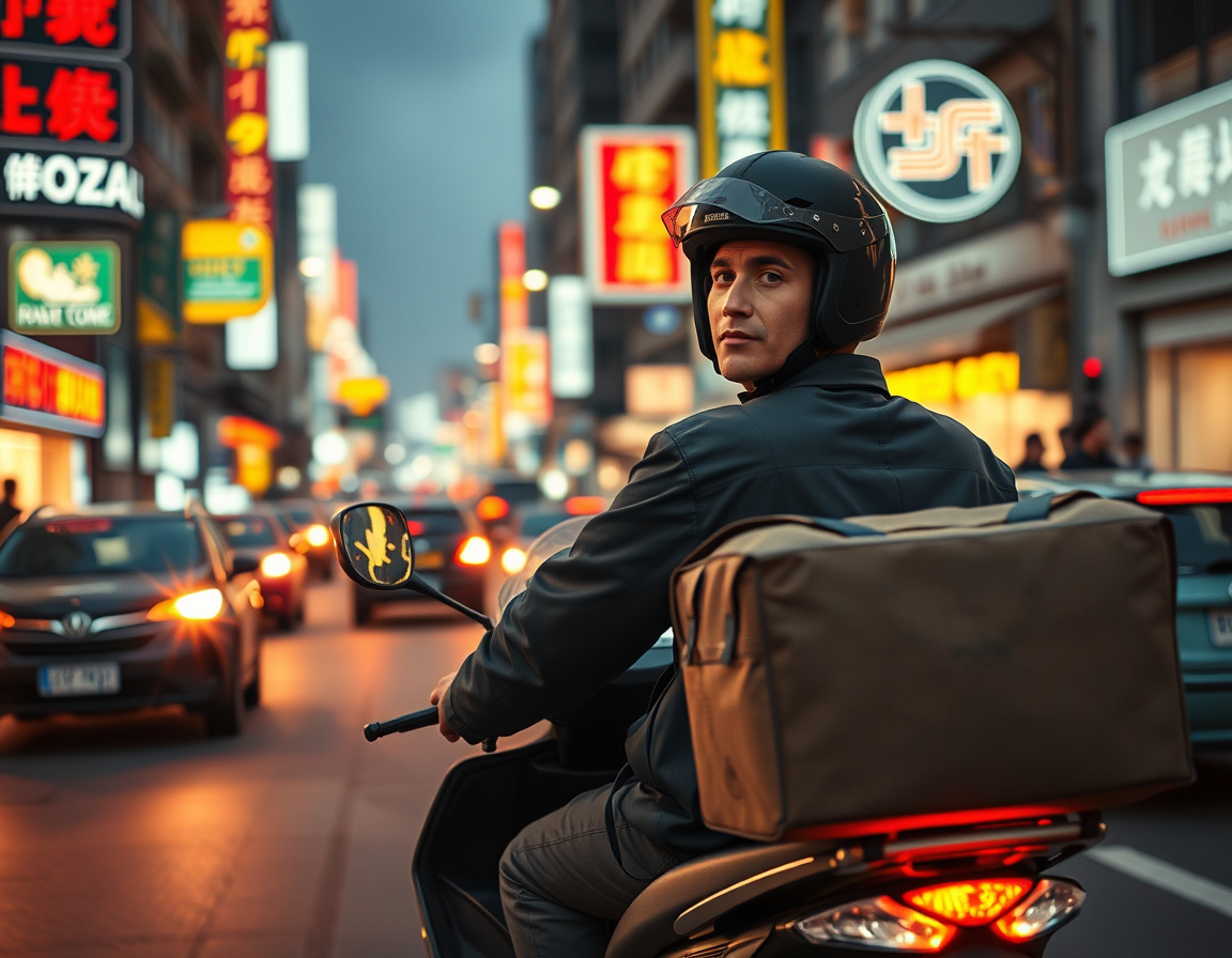 骑手在奔波，背后是加速的送餐车