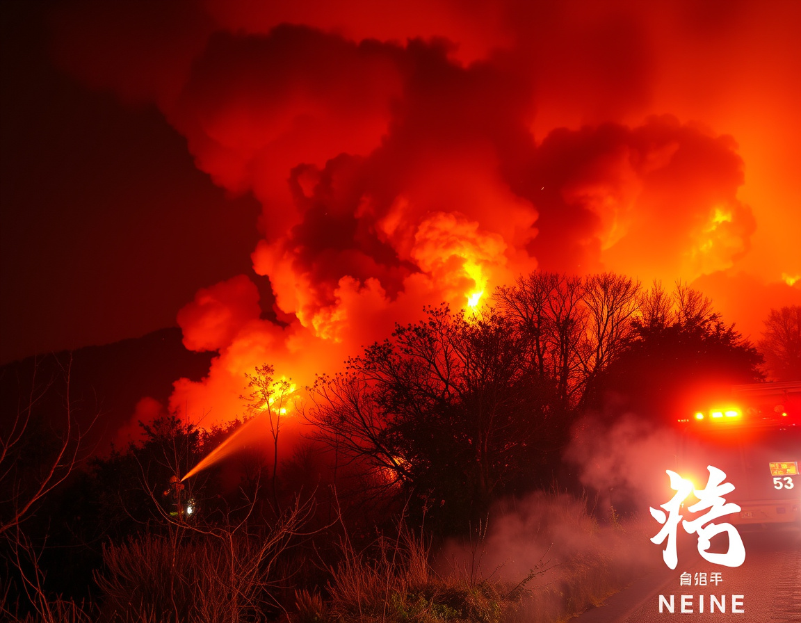 野火映红天空，消防员奋战救援