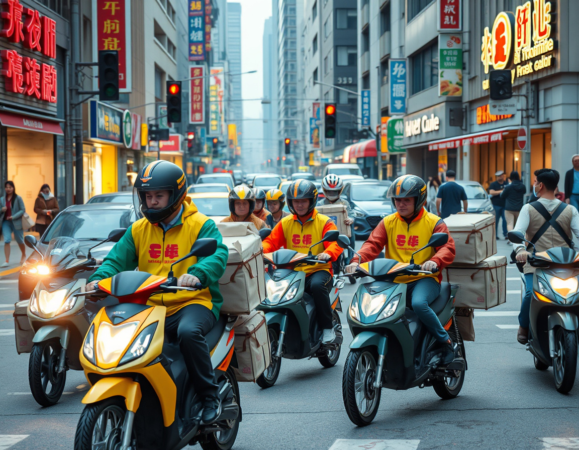 外卖骑手在城市街头工作的场景