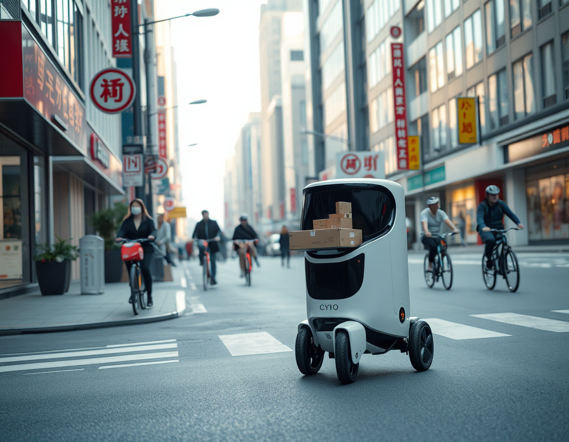 智能配送机器人在街区投递外卖