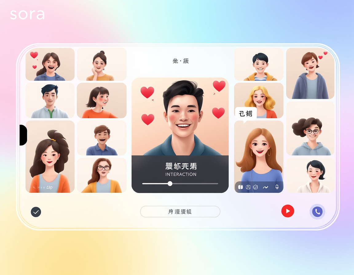 Sora视频社交界面与用户互动示意